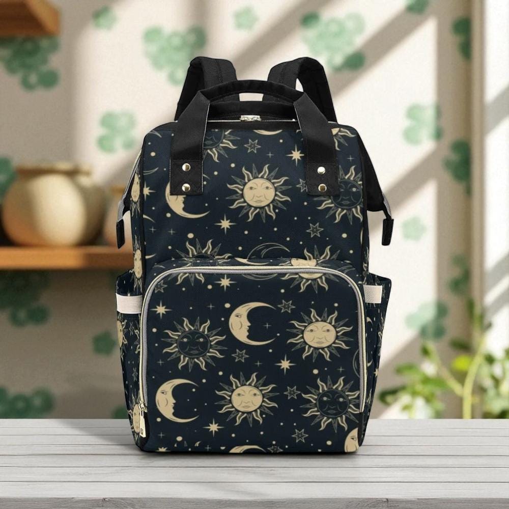Celestial sun moon backpack, mystical diaper bag for moms, gothic witchy baby tote, starry night travel bag, moon phases celestial gift idea