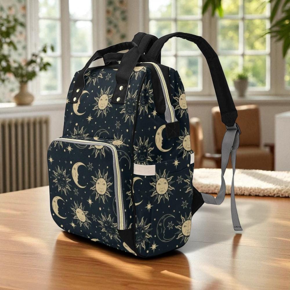 Celestial sun moon backpack, mystical diaper bag for moms, gothic witchy baby tote, starry night travel bag, moon phases celestial gift idea