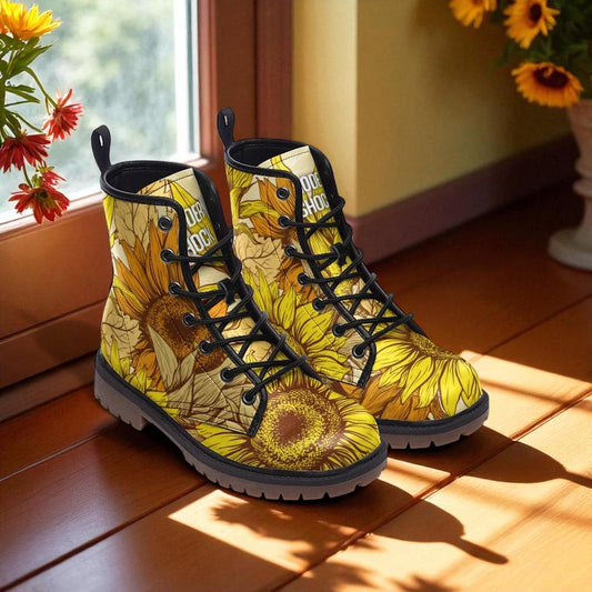 Sunflower Combat Boots, Vegan Leather Floral Grunge Shoes, Cottagecore, Witchy, Garden, Boho Punk, Fairycore