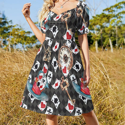 Alice in Wonderland Mini Dress, Playing Card Print Puff Sleeve Fantasy Costume, Queen of Hearts Style