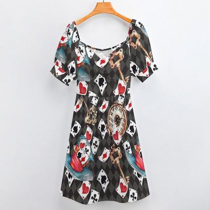 Alice in Wonderland Mini Dress, Playing Card Print Puff Sleeve Fantasy Costume, Queen of Hearts Style