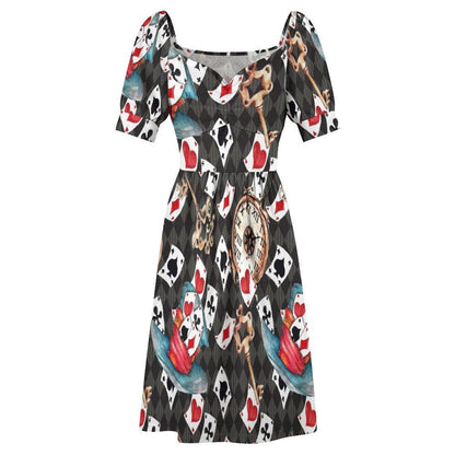 Alice in Wonderland Mini Dress, Playing Card Print Puff Sleeve Fantasy Costume, Queen of Hearts Style