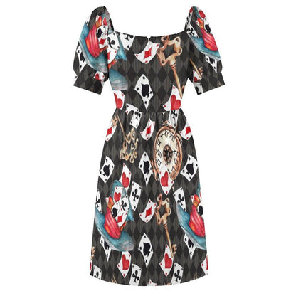 Alice in Wonderland Mini Dress, Playing Card Print Puff Sleeve Fantasy Costume, Queen of Hearts Style