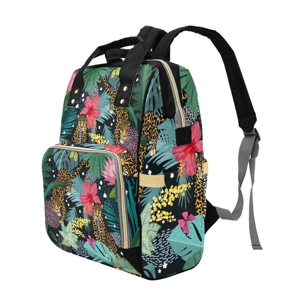 Tropical leopard diaper backpack, jungle flower baby tote, bold safari mom gift, rainforest aesthetic diaper bag,vibrant print baby backpack