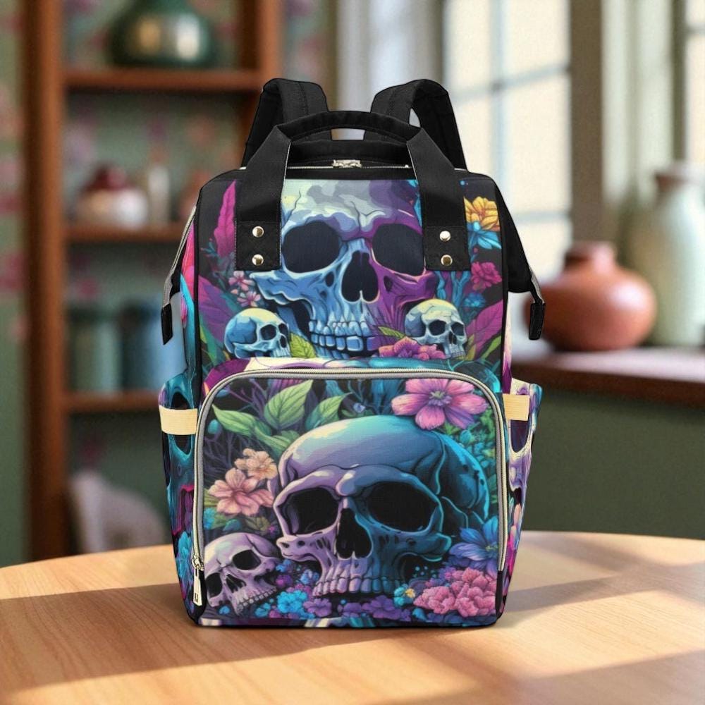 Pastel skull flower diaper backpack, witchy goth mom baby tote, spooky floral diaper bag, alternative aesthetic gift, creepy cute backpack
