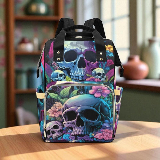 Pastel skull flower diaper backpack, witchy goth mom baby tote, spooky floral diaper bag, alternative aesthetic gift, creepy cute backpack