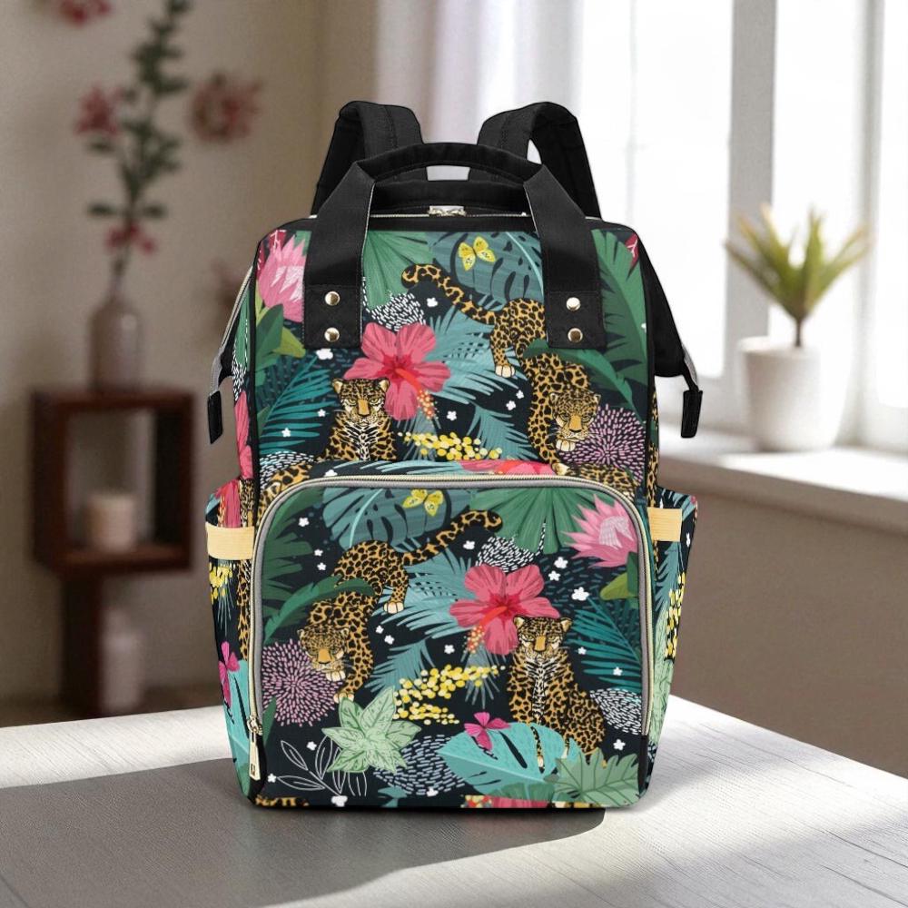 Tropical leopard diaper backpack, jungle flower baby tote, bold safari mom gift, rainforest aesthetic diaper bag,vibrant print baby backpack