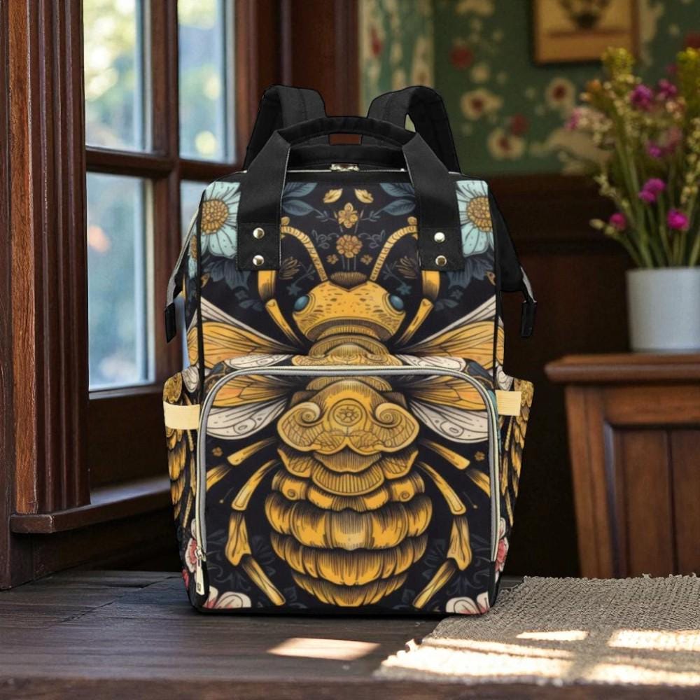 Golden Bee Backpack, Botanical Insect Diaper Bag, Dark Cottagecore Mom Bag, Vintage Bee Print, Boho Nature Backpack, Whimsical Organizer Bag