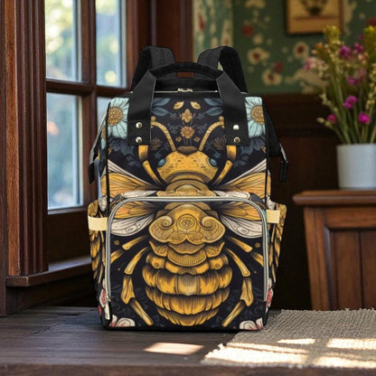 Golden Bee Print Diaper Backpack, Cottagecore Botanical Organizer Bag for Moms and Dads
