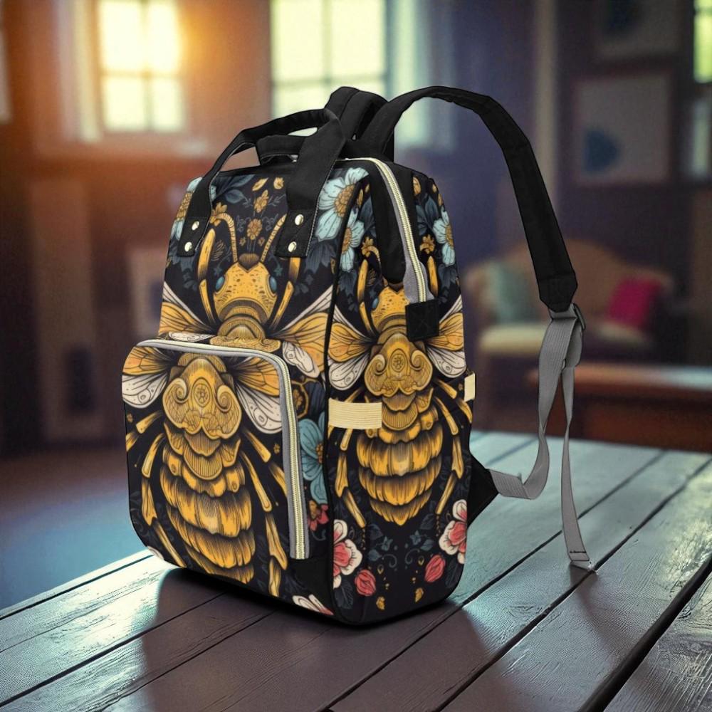 Golden Bee Backpack, Botanical Insect Diaper Bag, Dark Cottagecore Mom Bag, Vintage Bee Print, Boho Nature Backpack, Whimsical Organizer Bag