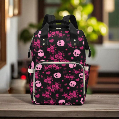 Pink Skull Diaper Backpack, Pastel Goth Floral Organizer, Emo Punk Mom Bag, Dark Fairycore Travel Backpack