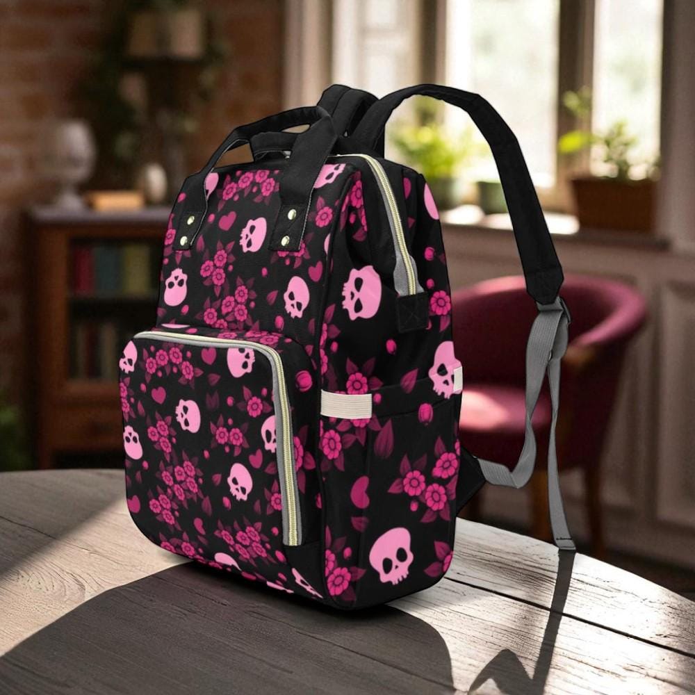 Pink Skull Backpack, Pastel Goth Diaper Bag, Dark Fairycore Organizer, Gothic Floral Skulls, Emo Punk Mom Bag, Edgy Alt Accessory,Skull Gear