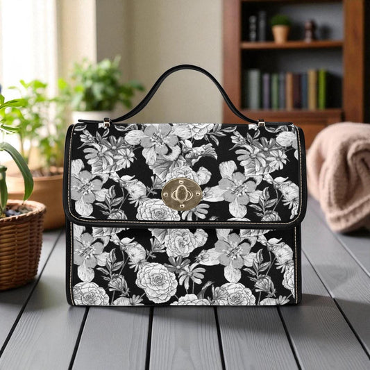Black and White Roses Canvas Satchel bag, French floral crossbody purse, Boho Victorian Vegan leather trim whimsy cottagecore bag