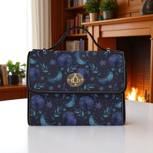 Celestial Moon and Stars Bag, Galaxy Print Shoulder Purse, Witchy Aesthetic Crossbody, Dark Blue Cosmic Handbag, Lunar Phase Gift