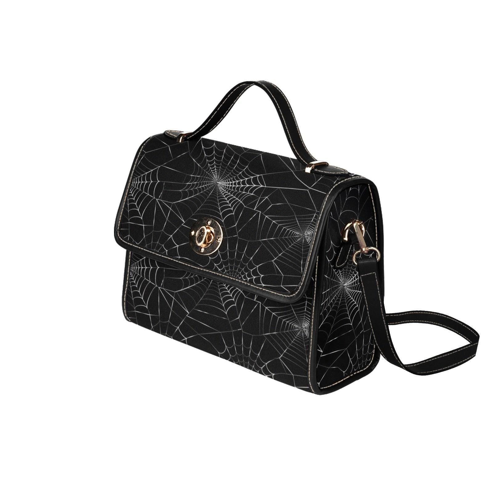 Web print black satchel, spider design crossbody purse, Halloween shoulder handbag, occult inspired everyday bag, dark academia accessory