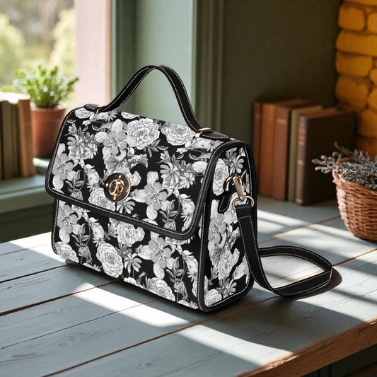 Black and White Roses Canvas Satchel bag, French floral crossbody purse, Boho Victorian Vegan leather trim whimsy cottagecore bag