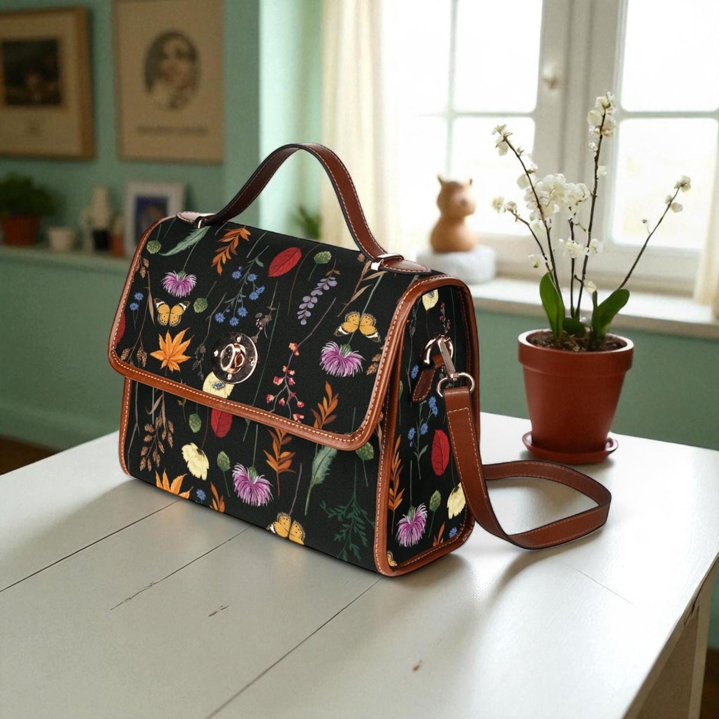Botanical Witch Crossbody Bag with Forest Herbs, Vegan Leather Straps, Gothic Floral Style