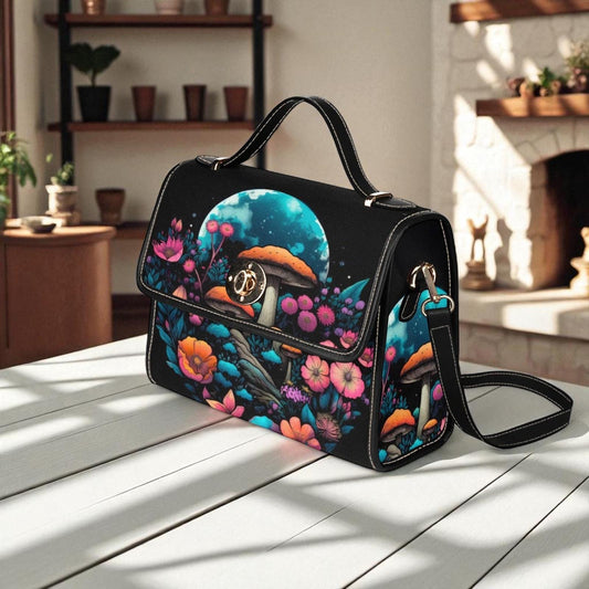 Magical Mushroom Cottagecore Canvas Satchel bag, cottagecore forest women purse, cute vegan leather strap hand bag boho bag, hippies gift