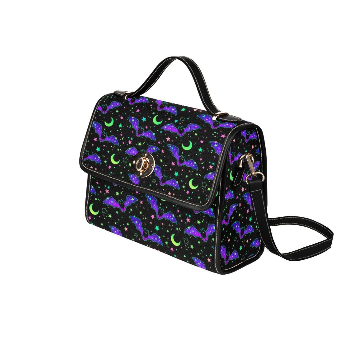 Neon Bat Print Satchel, Spooky Halloween Top Handle Bag, Purple Green Goth Purse