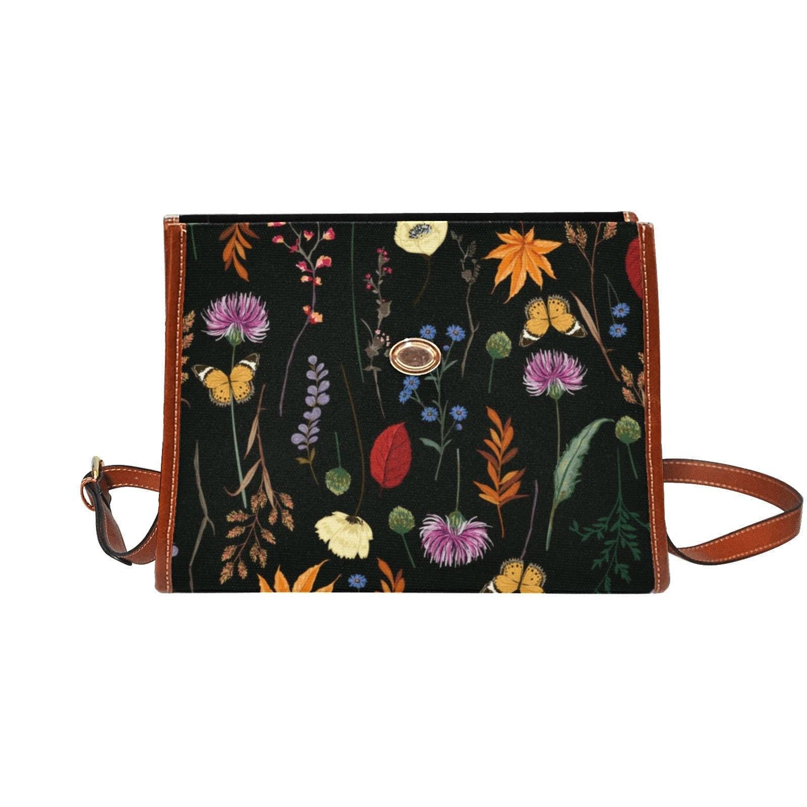 Botanical Witch Crossbody Bag with Forest Herbs, Vegan Leather Straps, Gothic Floral Style