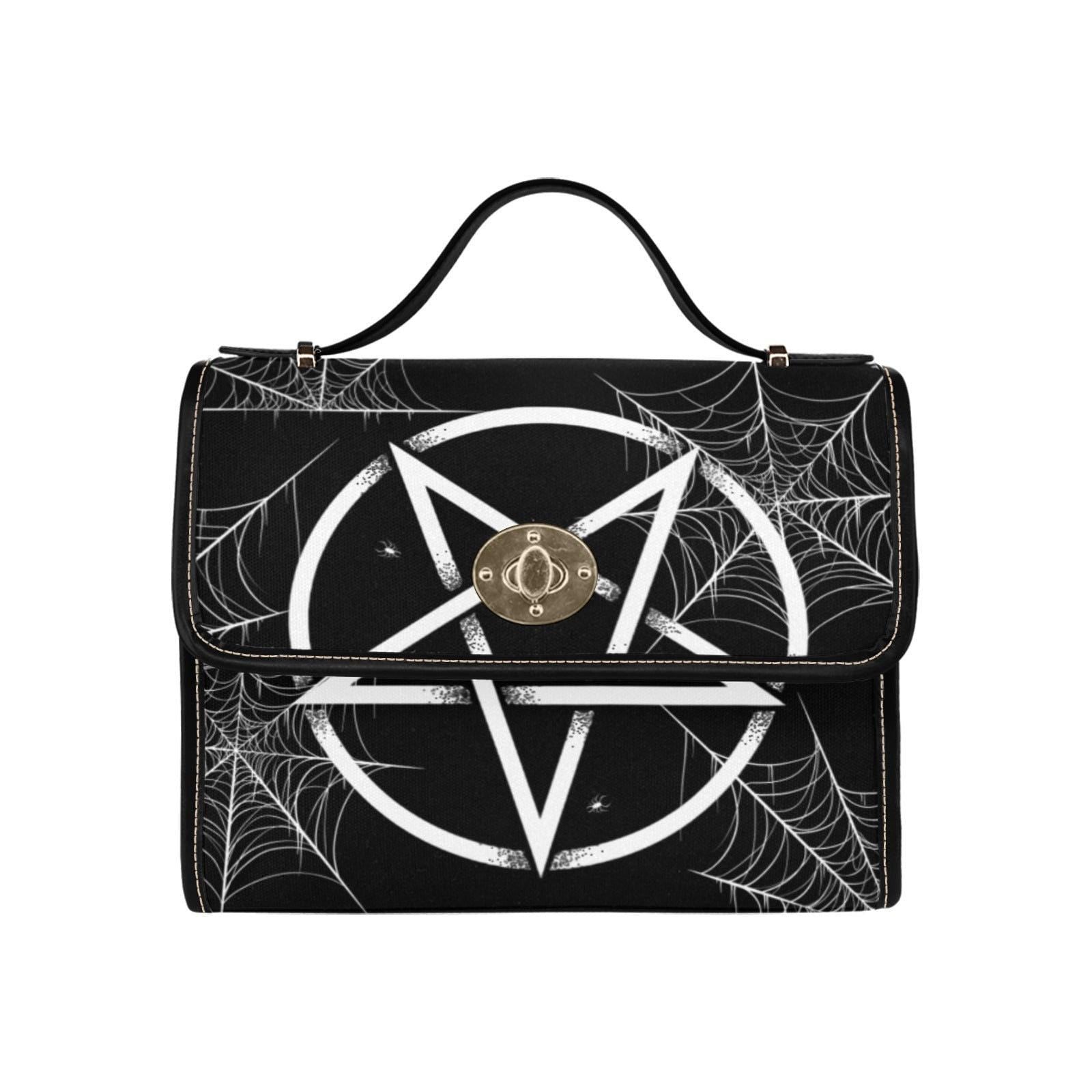 Pentagram crossbody bag, gothic spiderweb purse, witchy black handbag, spooky structured satchel, dark aesthetic shoulder bag,occult fashion