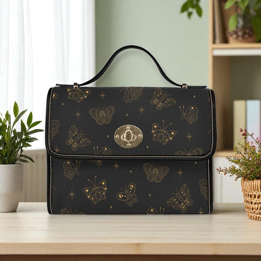 Golden Butterfly Print, Celestial Goth Crossbody, Witchy Bag, Mystical Night Aesthetic, Enchanted Purse Gift, Dark Cottagecore Accessory