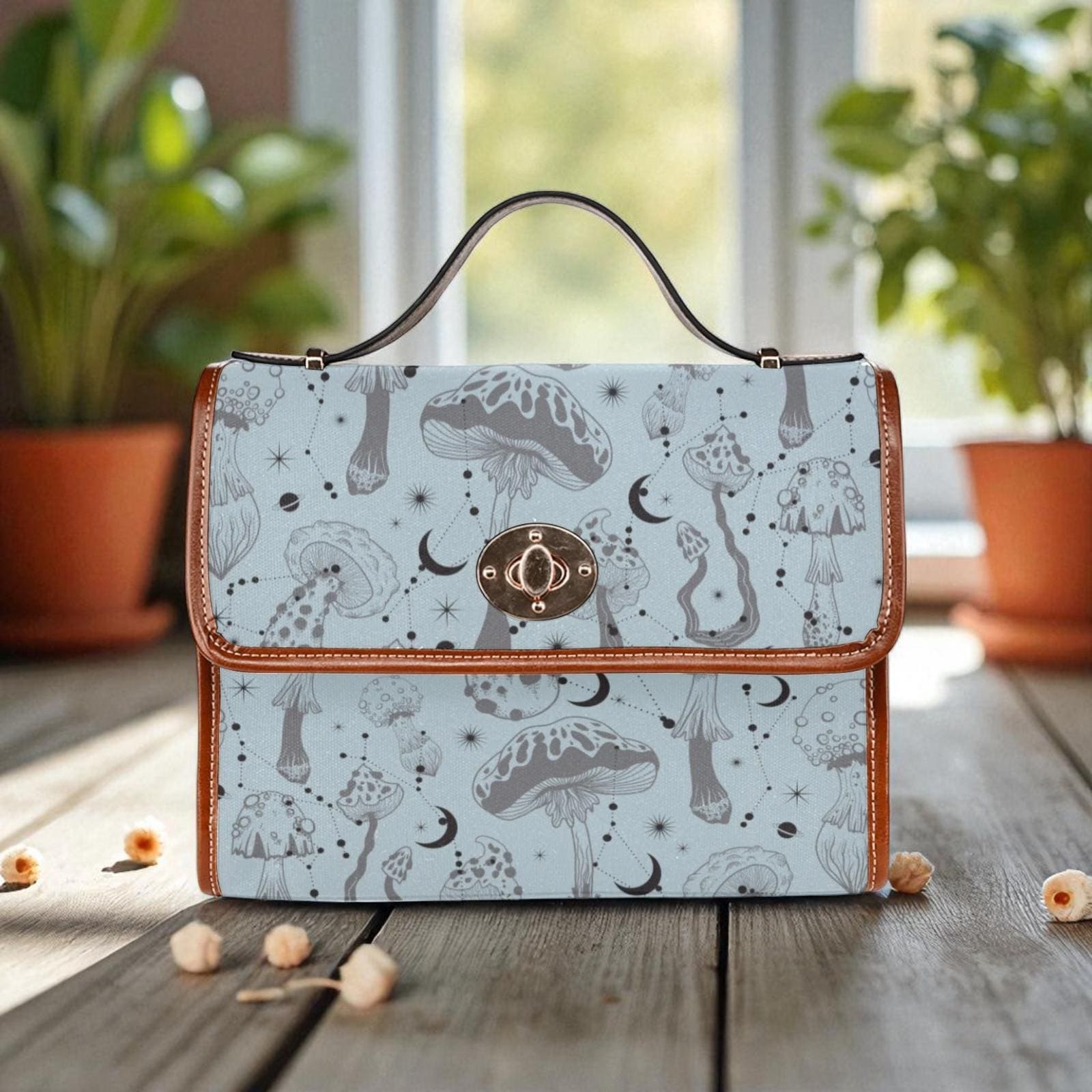 Mushroom Crossbody Bag, Witchcore Lunar Satchel, Fairycore Celestial Purse, Vegan Leather, Waterproof Canvas