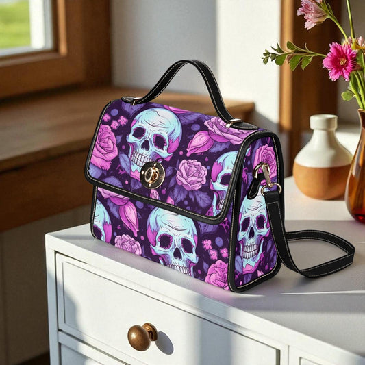 Dark Skull Boho Halloween Canvas Satchel bag, Cottagecore witch crossbody purse, cute vegan leather strap goth bag, hippie boho gift handbag