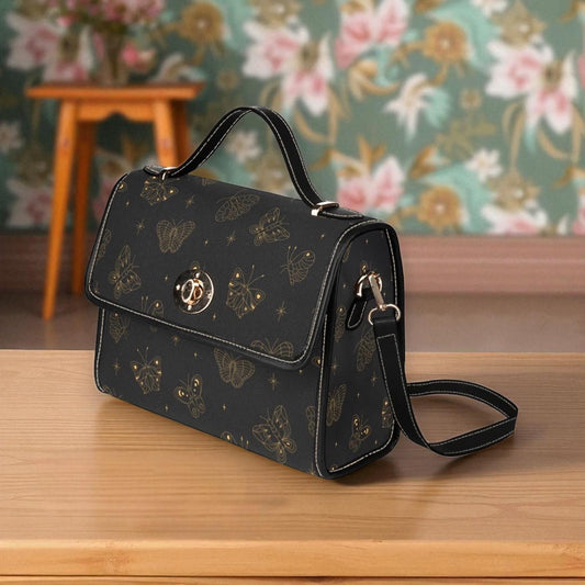Golden Butterfly Print, Celestial Goth Crossbody, Witchy Bag, Mystical Night Aesthetic, Enchanted Purse Gift, Dark Cottagecore Accessory