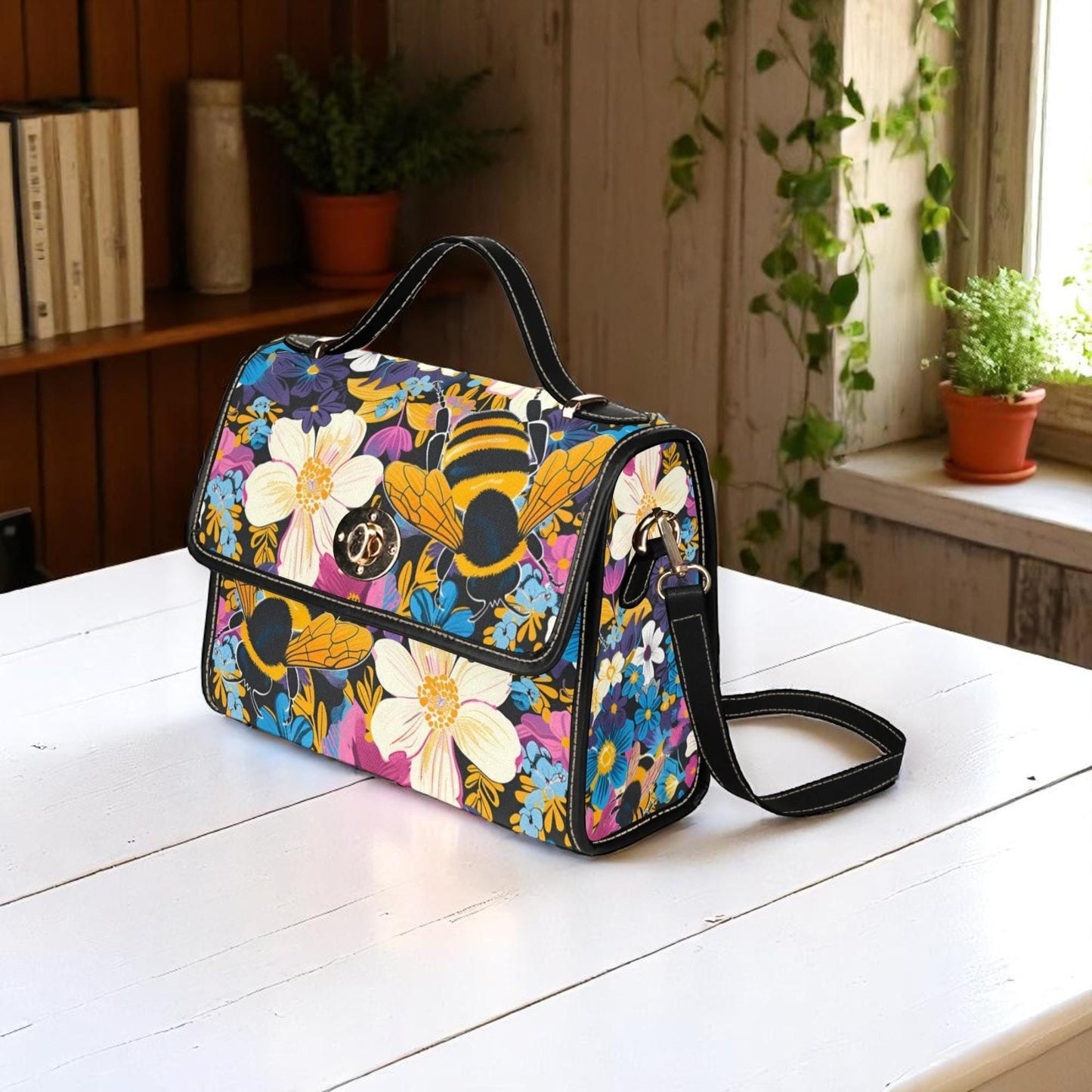Retro floral bumblebee crossbody bag, cottagecore wildflower purse, colorful garden accessory