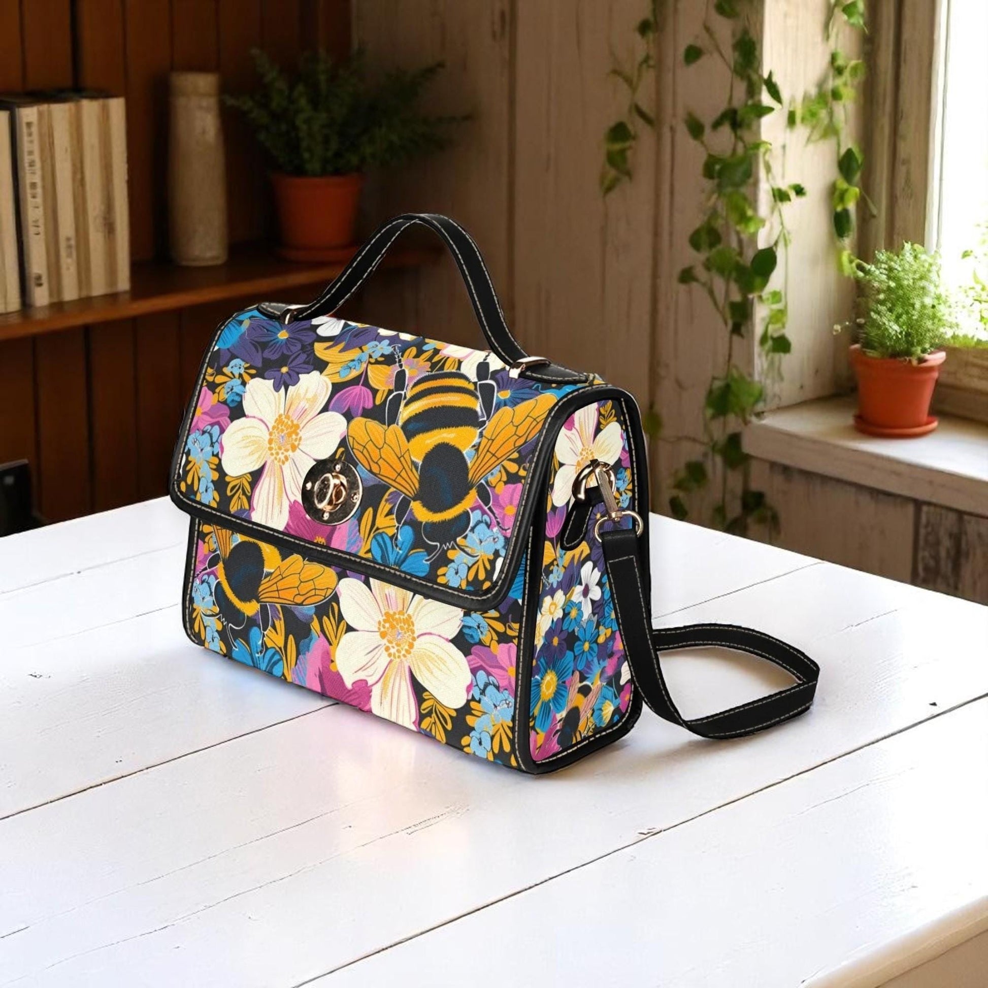 Retro floral bumblebee crossbody bag, cottagecore wildflower purse, colorful garden accessory