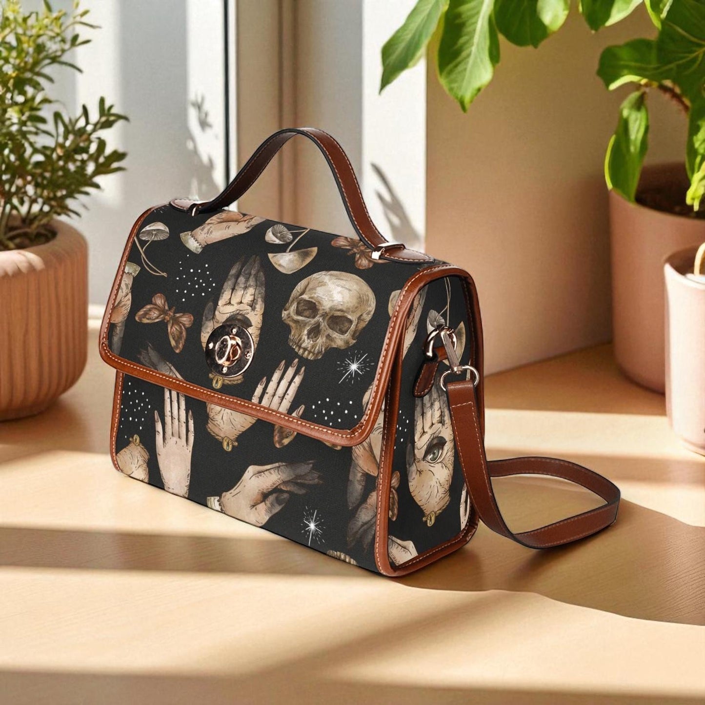 Occult Skull Bag, Palmistry Pattern Purse, Witchcore Crossbody Satchel, Gothic Tarot Print Handbag, Spooky Divination Gift for Witchy Girls