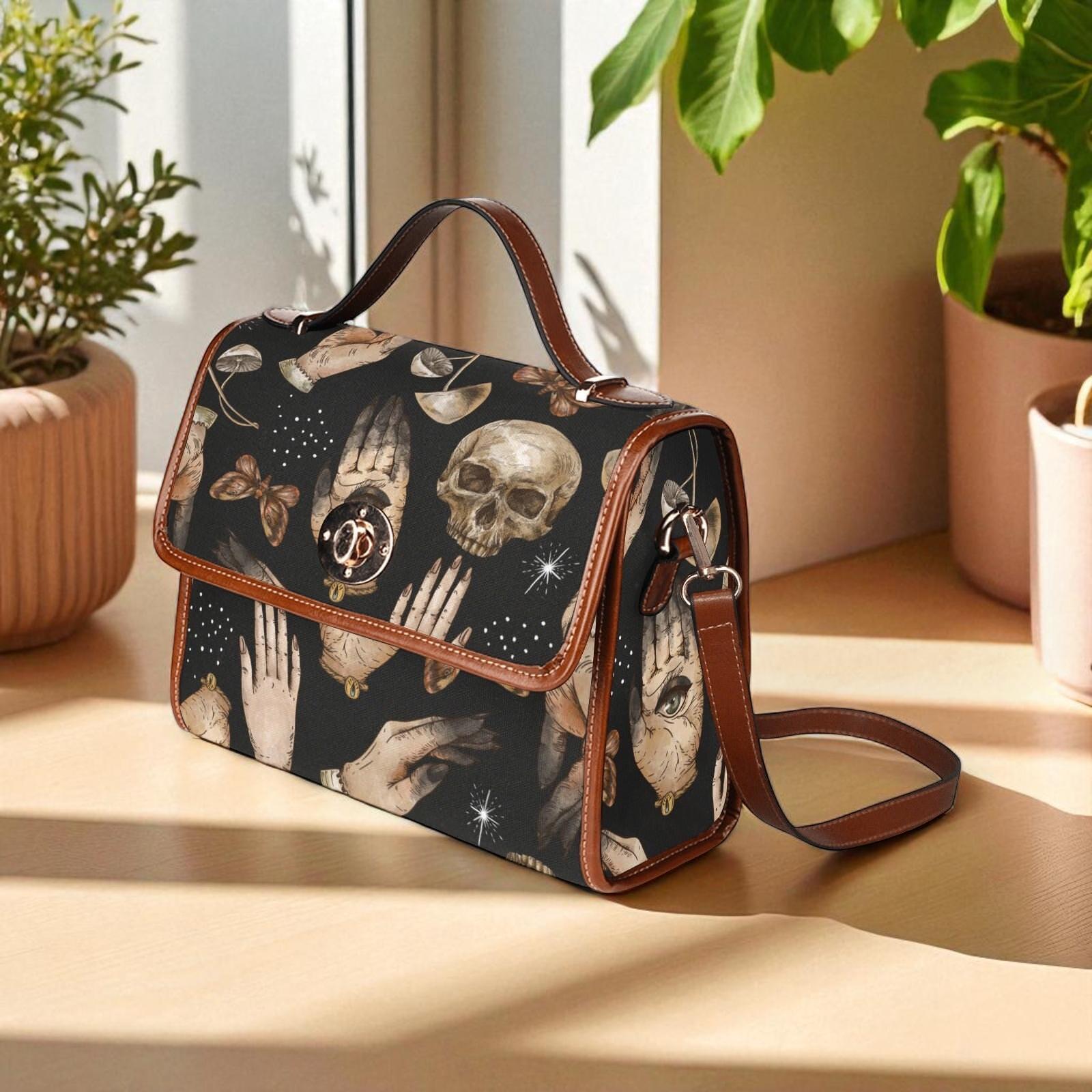 Occult Skull Bag, Palmistry Pattern Purse, Witchcore Crossbody Satchel, Gothic Tarot Print Handbag, Spooky Divination Gift for Witchy Girls