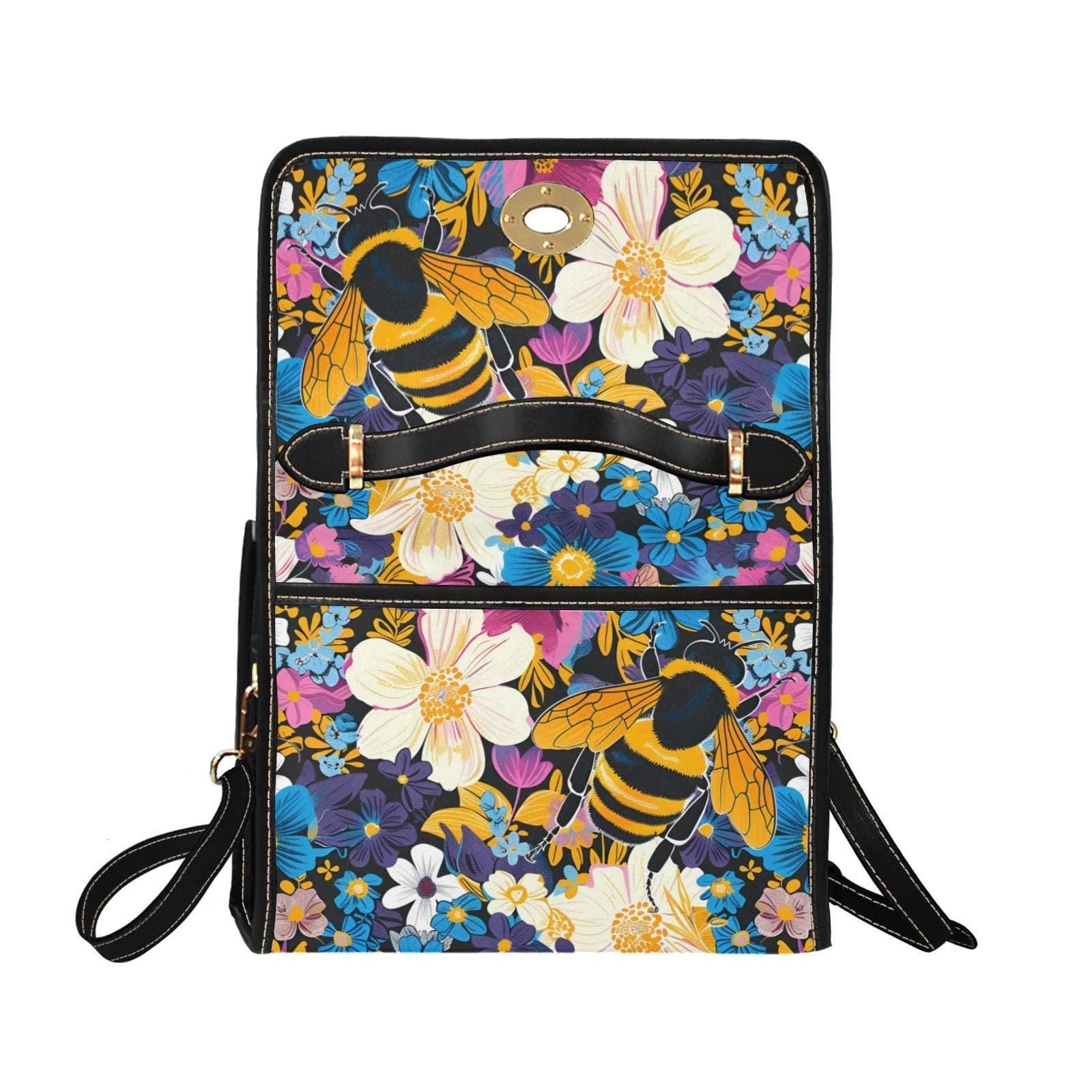Retro floral bumblebee crossbody bag, cottagecore wildflower purse, colorful garden accessory