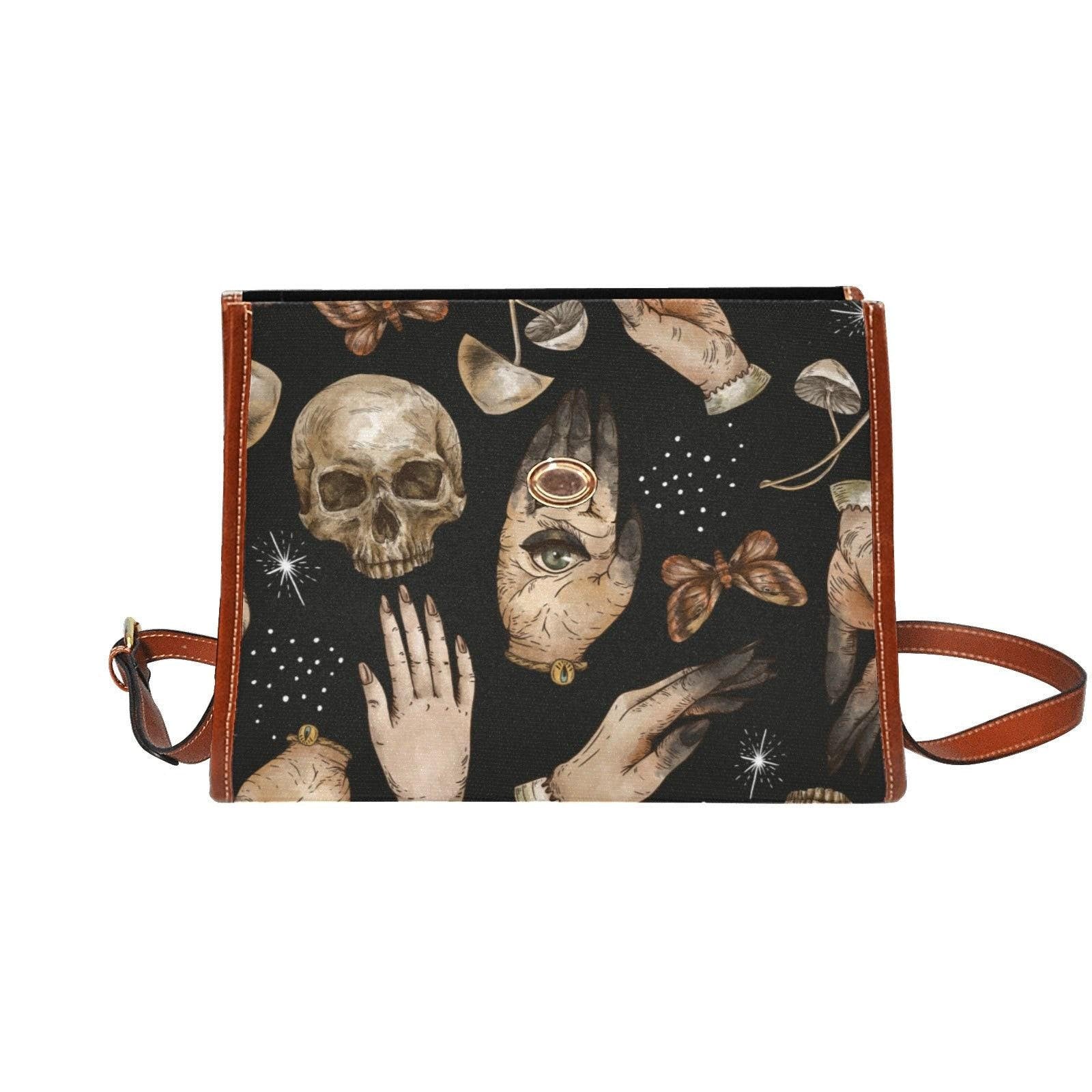 Occult Skull Bag, Palmistry Pattern Purse, Witchcore Crossbody Satchel, Gothic Tarot Print Handbag, Spooky Divination Gift for Witchy Girls