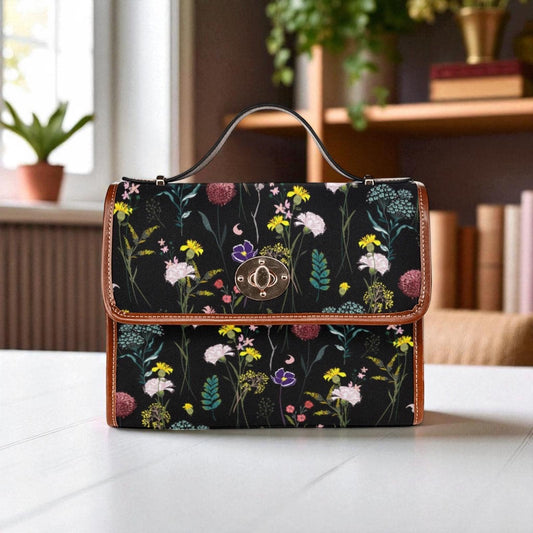 Black Wildflower Cottagecore Crossbody Bag, Botanical Vegan Leather Satchel for Forest Walks