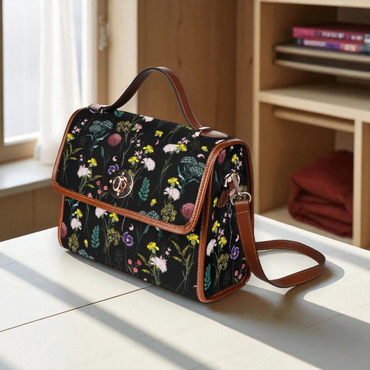 Black Wildflower Cottagecore Crossbody Bag: Botanical Vegan Leather Satchel