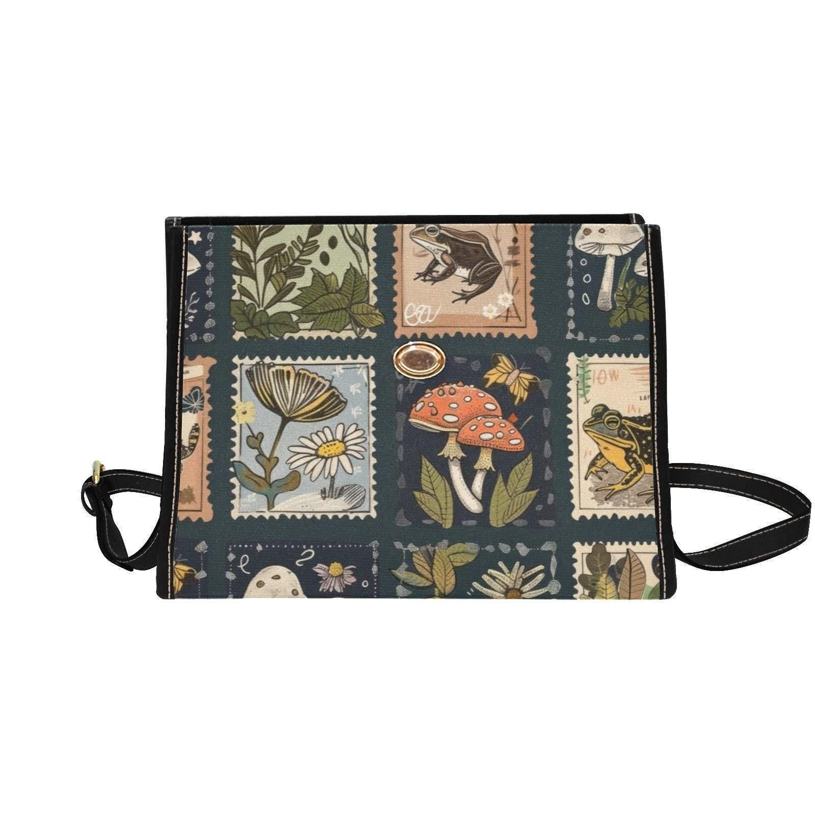 Woodland Postage Stamp Crossbody Bag, Cottagecore Nature Purse with Frog Mushroom Botanical Print