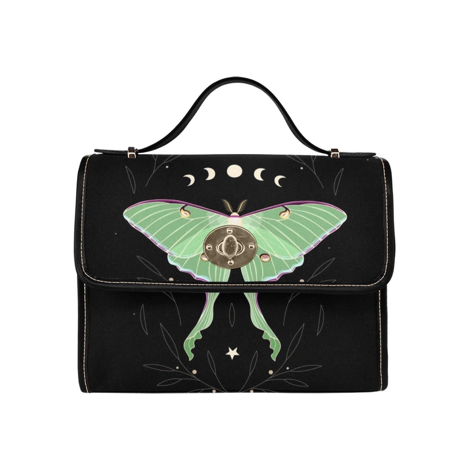 Luna Moth Bag, Mint Green Crossbody, Moon Phase Purse, Celestial Insect Print, Goth Moth Style, Forest Witch Gift, Mystical Bug Accessory