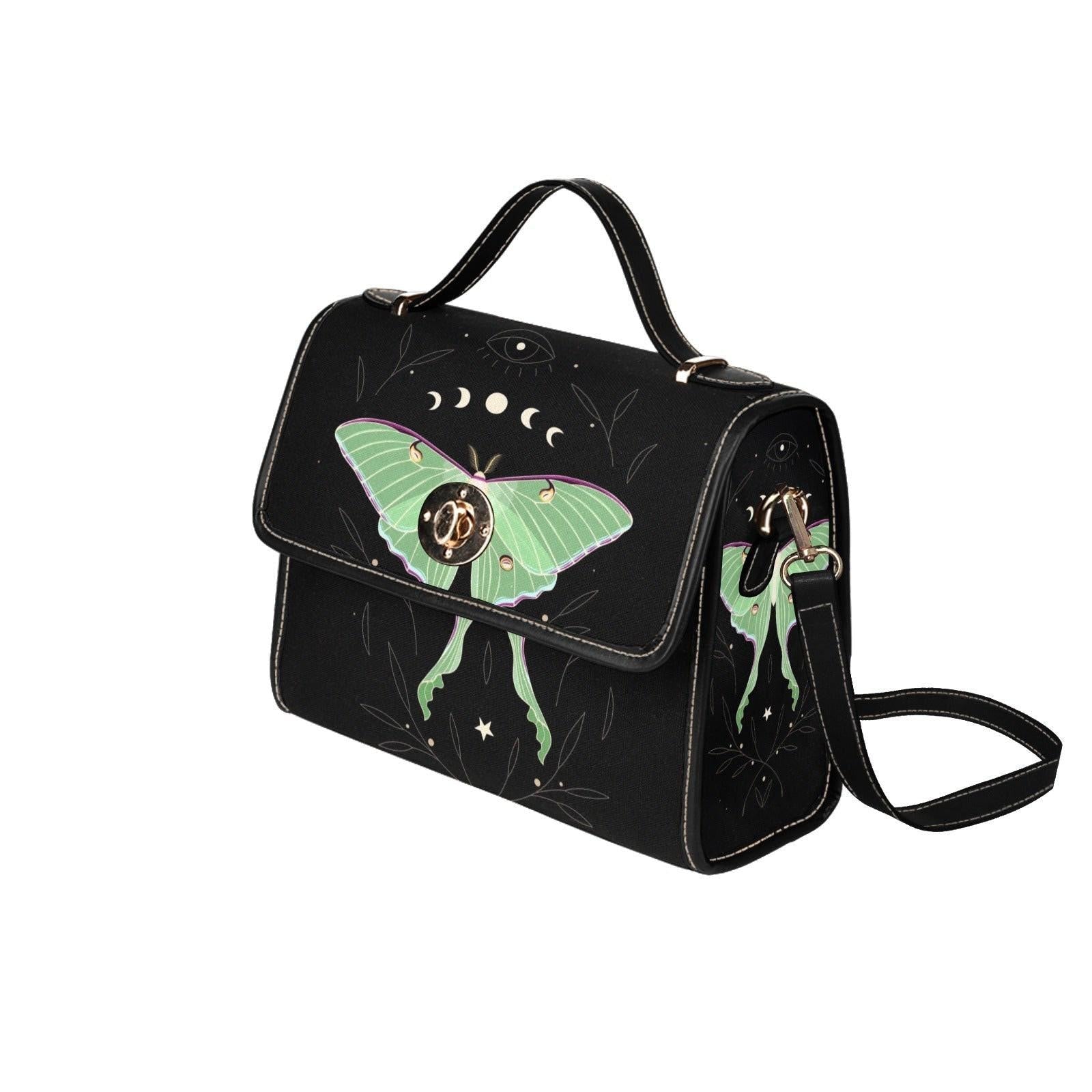 Luna Moth Bag, Mint Green Crossbody, Moon Phase Purse, Celestial Insect Print, Goth Moth Style, Forest Witch Gift, Mystical Bug Accessory