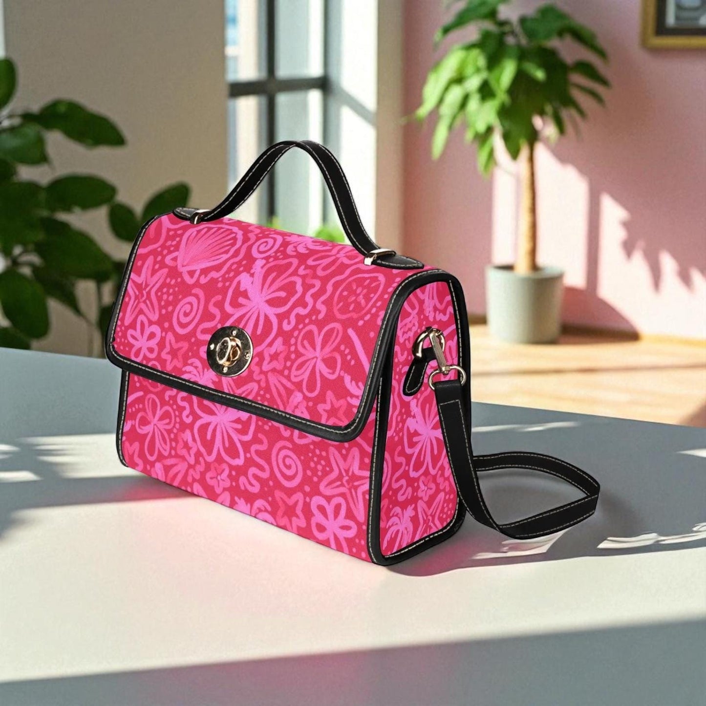 Hot Pink Top Handle Bag, Retro Floral Satchel, Bold Girly Handbag