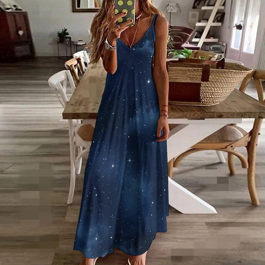 Galaxy night dress, Dark starry maxi, Witchcore summer outfit, Celestial print sundress, Cosmic sky fashion, Moonlit night gown, Star field