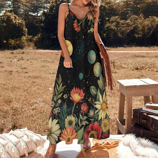 Retro galaxy floral dress, Sunflower planet maxi gown, Cosmic garden aesthetic outfit, Witchy night boho sundress, Space flower fashion