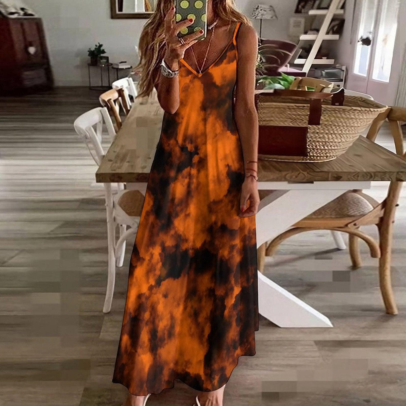 Orange Black Cloud Maxi Dress, Spooky Sky Halloween Dress, Witchy Vapor Print Slip Dress, Soft Gothic Summer Outfit, Aesthetic Grunge Dress