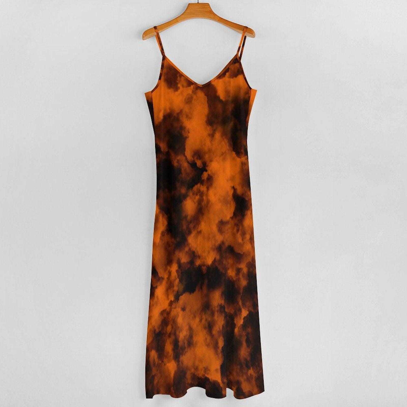 Orange Black Cloud Maxi Dress, Spooky Sky Halloween Dress, Witchy Vapor Print Slip Dress, Soft Gothic Summer Outfit, Aesthetic Grunge Dress