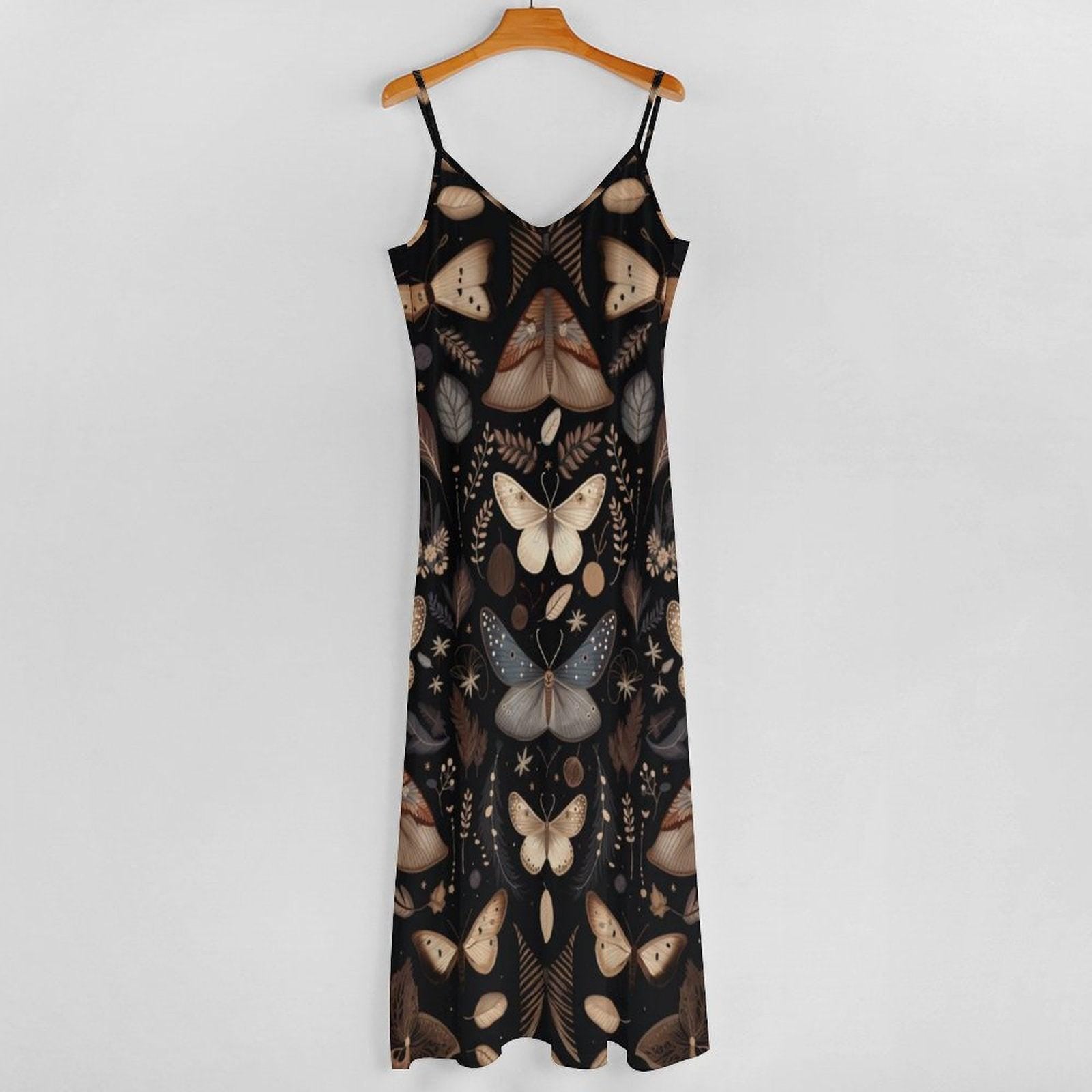Moth print dress, Dark forest maxi, Vintage insect sundress, Cottagecore moth gown, Mystic pattern outfit, Boho nature style, Witchy dress
