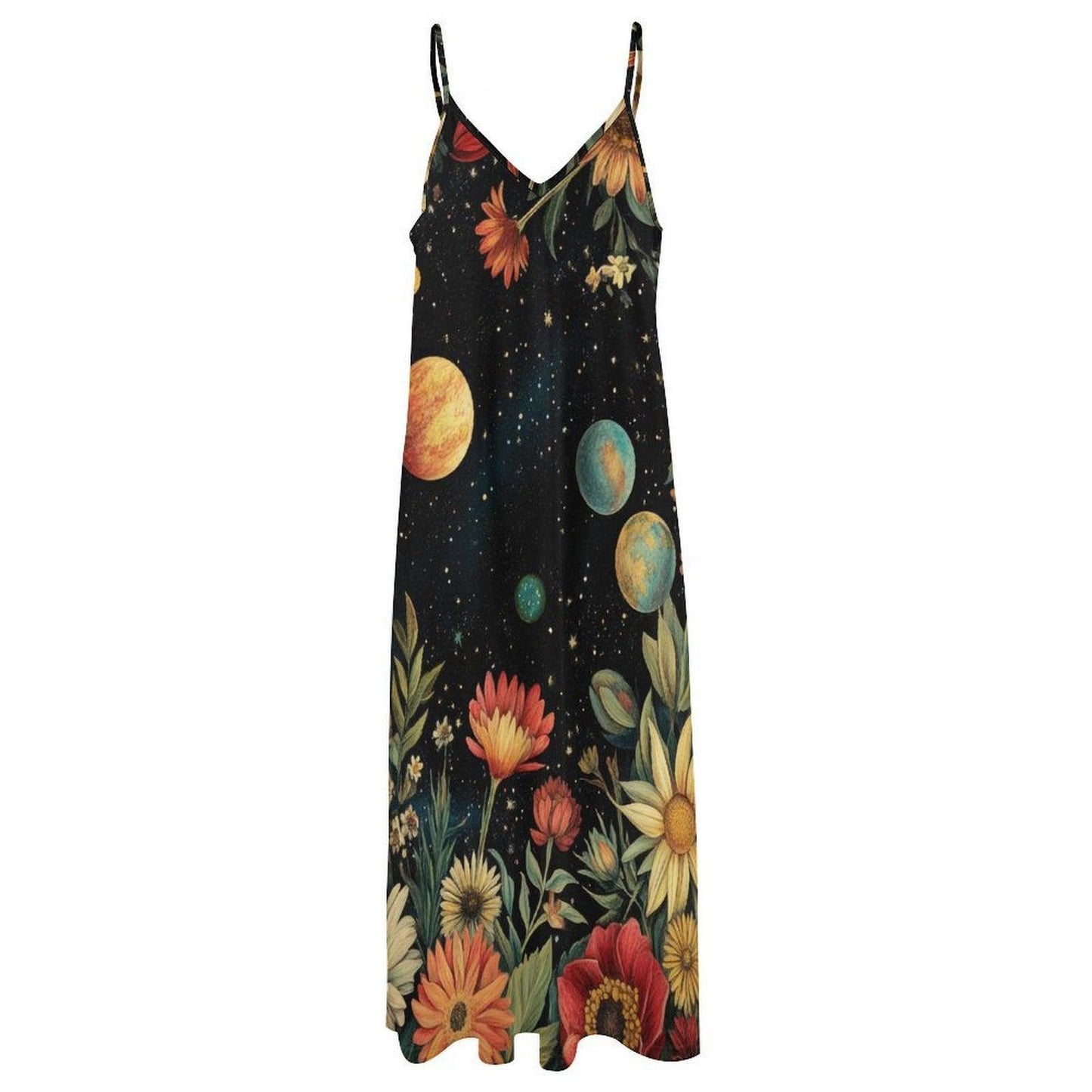 Retro galaxy floral dress, Sunflower planet maxi gown, Cosmic garden aesthetic outfit, Witchy night boho sundress, Space flower fashion