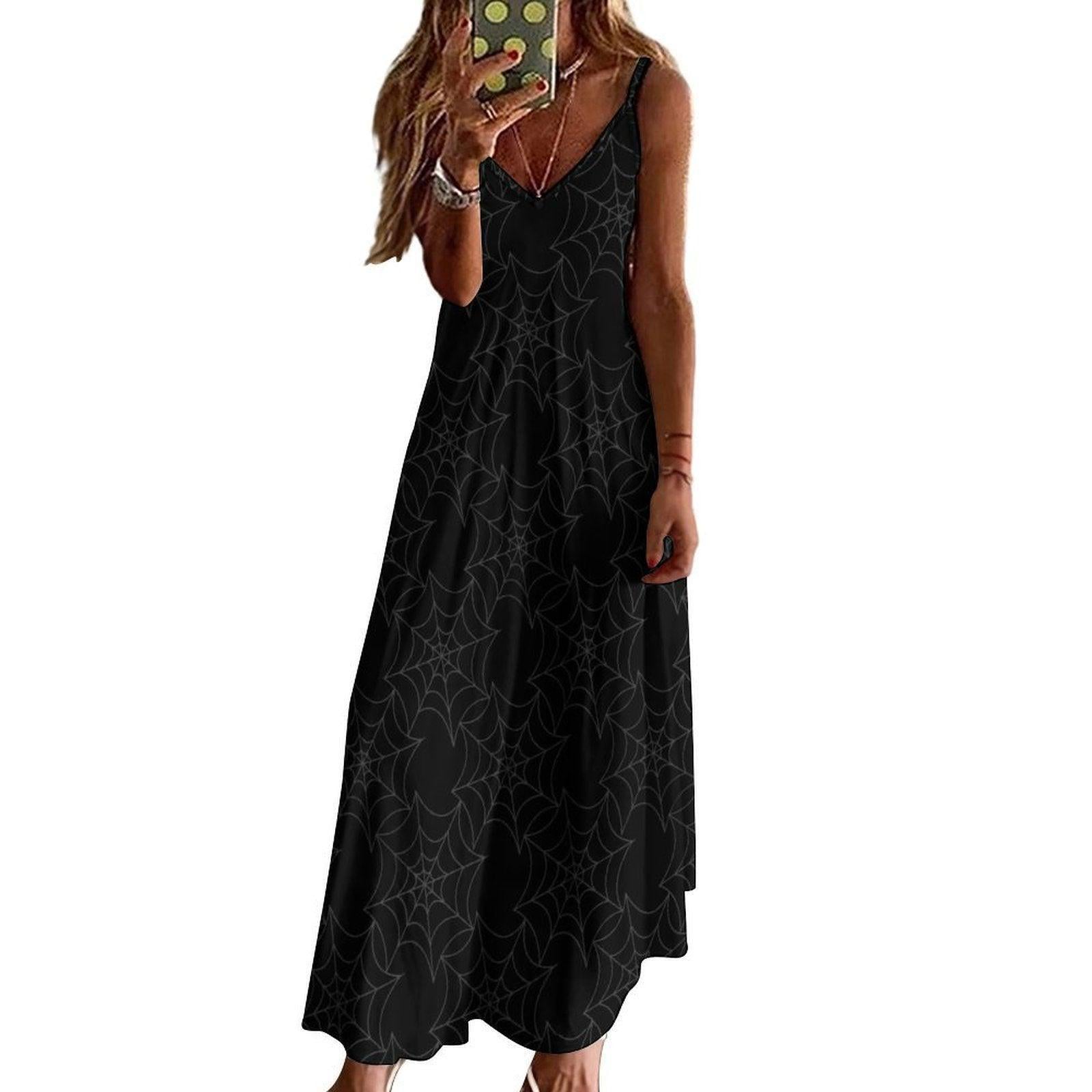 Spiderweb Maxi Dress, Halloween Aesthetic Slip Dress, Soft Grunge Web Print Dress, Dark Witchy Summer Outfit,Gothic Webby Statement Clothing