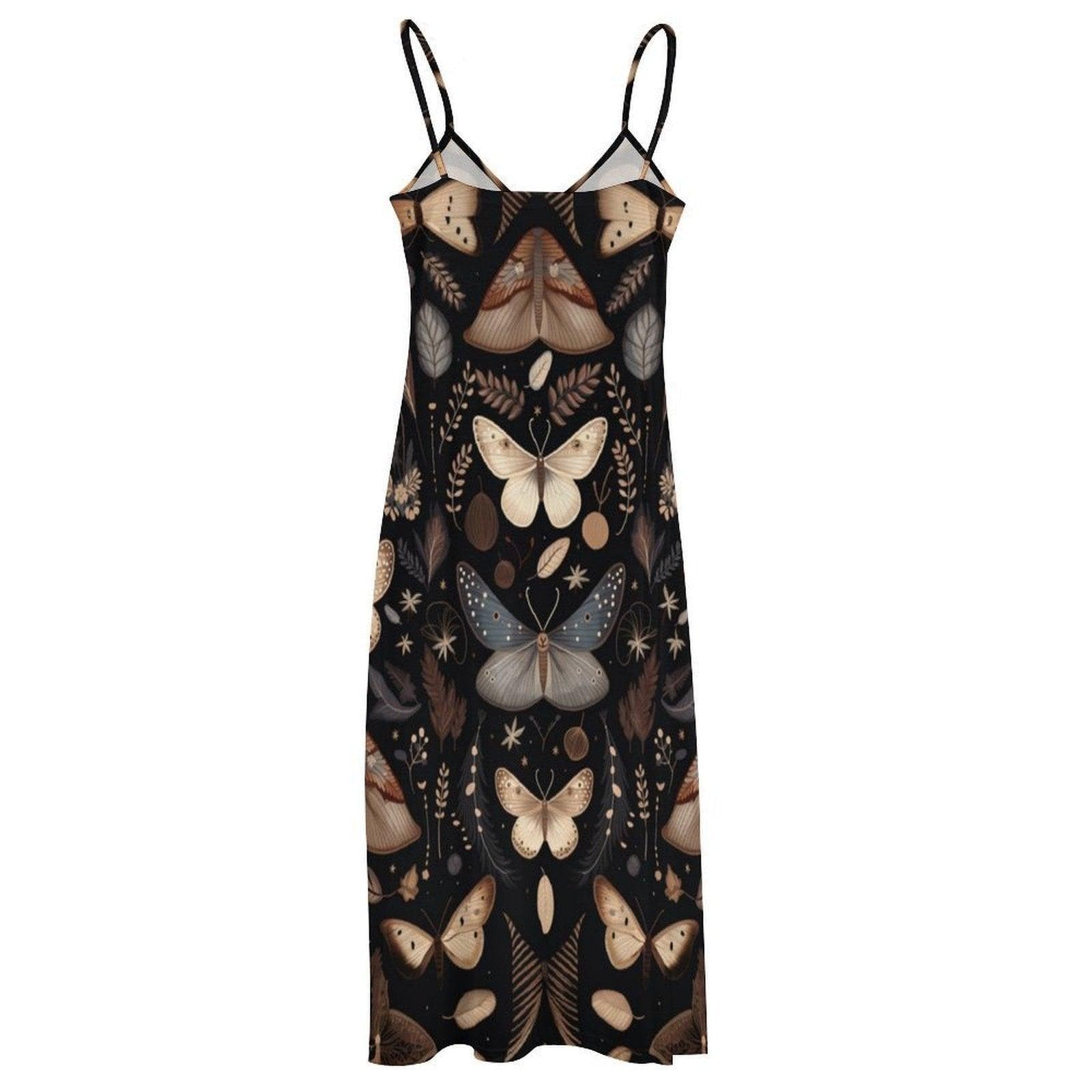Moth print dress, Dark forest maxi, Vintage insect sundress, Cottagecore moth gown, Mystic pattern outfit, Boho nature style, Witchy dress