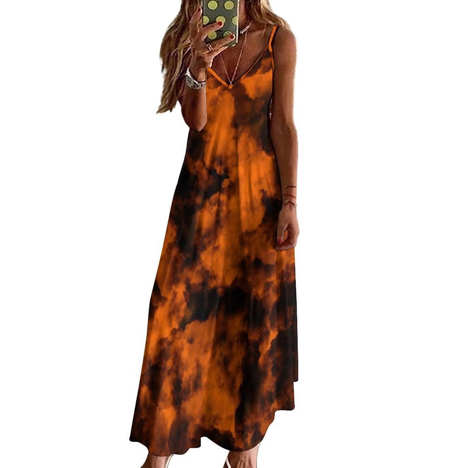Orange Black Cloud Maxi Dress, Spooky Sky Halloween Dress, Witchy Vapor Print Slip Dress, Soft Gothic Summer Outfit, Aesthetic Grunge Dress